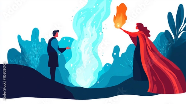Obraz Flat-Style Illustrations of Two Sorcerers Battling with Magic in Dynamic Fantasy Settings