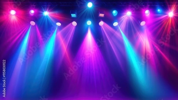 Fototapeta Vivid stage lighting illuminates an empty performance area.