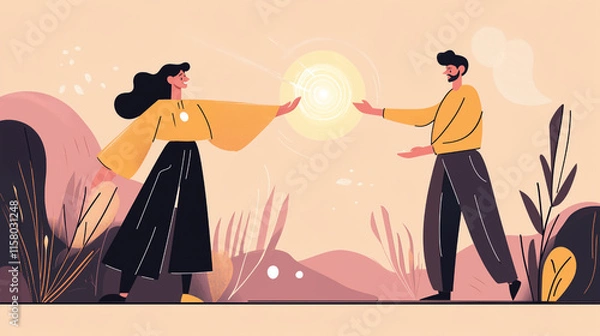 Obraz Minimalist Flat-Style Illustrations of Two Sorcerers Interacting with Magic in Neutral Tones
