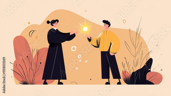 Obraz Minimalist Flat-Style Illustrations of Two Sorcerers Interacting with Magic in Neutral Tones