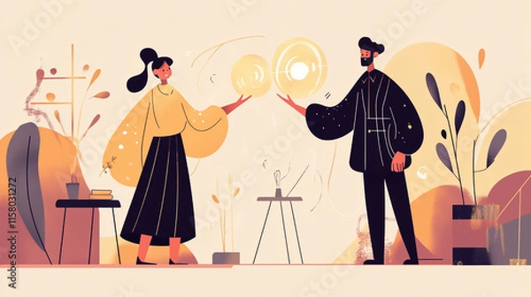 Obraz Minimalist Flat-Style Illustrations of Two Sorcerers Interacting with Magic in Neutral Tones