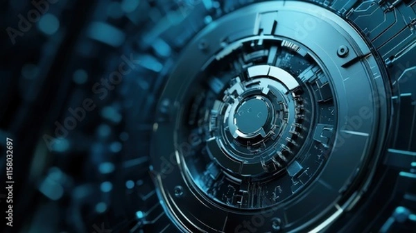 Fototapeta Abstract close-up of a futuristic metallic technology background with intricate circuit patterns and glowing blue accents, ideal for digital design and innovation themes.