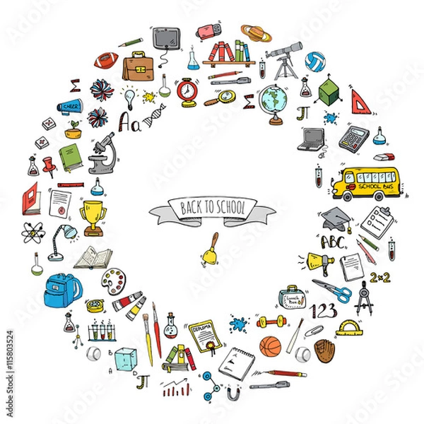 Obraz Hand drawn doodle Back to school icons set Vector illustration educational symbols collection Cartoon various learning elements: Laptop; Lunch box; Bag; Microscope; Telescope; Books; Pencil Sketch bus