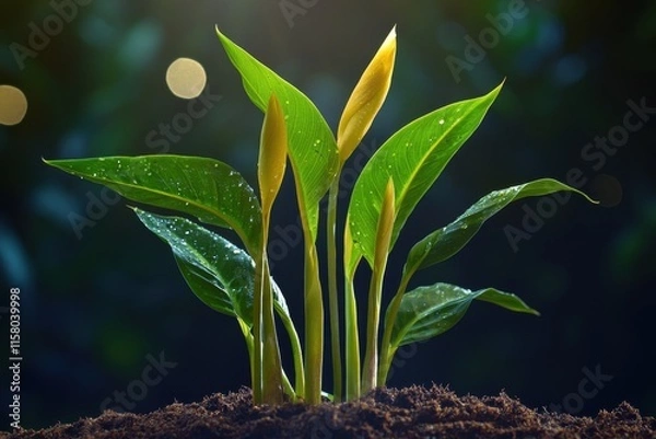 Fototapeta Canna lily seedling plants in pots abstract style