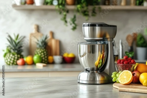 Fototapeta Chrome blender on kitchen counter with fruits in background and empty space