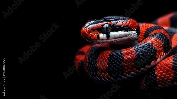 Fototapeta A red and black snake is shown in a black background