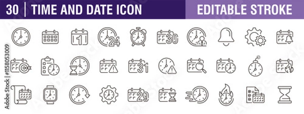 Fototapeta Collection of time and date icons. Schedule, work, holiday, month, day. Vector design template, signs, symbols, editable stroke.