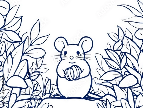 Fototapeta A cute, cartoon-style mouse holding a ball, surrounded by lush plants and mushrooms, creating a whimsical, nature-inspired scene.