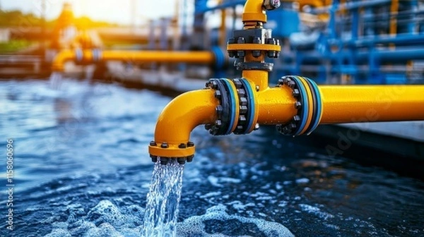 Obraz A close-up of a yellow industrial pipe discharging water in a facility.