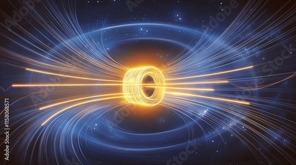 Fototapeta Stunning Visualization of Magnetic Field Dynamics, Glowing Lines and Arrows Illustrate Force Flow in Dark Space