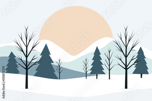 Fototapeta Adobe Illustrator A serene winter landscape featuring bare trees and pine trees against a backdrop of snow-covered hills and a large setting sun, creating a peaceful and calm atmosphere.Artwork