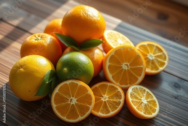 Fototapeta Fresh Citrus Fruits Arrangement: Oranges and Limes on Rustic Wooden Surface