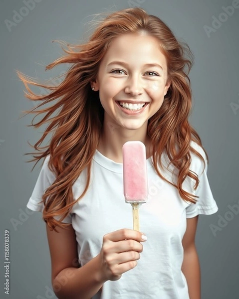Obraz Cheerful Young Girl Enjoying a Pink Ice Cream Bar with Flowing Hair Against a Gray Background