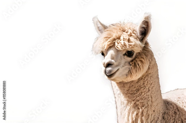 Obraz An adorable alpaca with fluffy fur, gazing curiously at the viewer against a stark white canvas.
