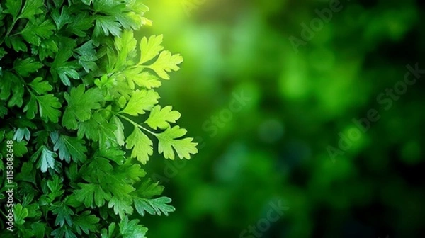Obraz Close-up of vibrant green cilantro leaves against a blurred background.