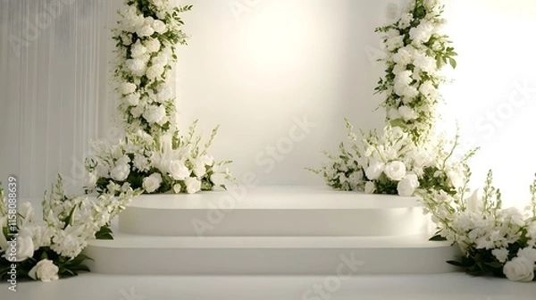 Fototapeta A minimalist wedding stage adorned with white flowers and greenery.