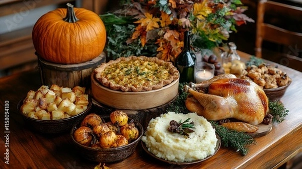 Fototapeta A dinner table filled with roasted turkey, mashed potatoes, pumpkin pie