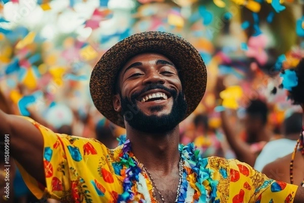Obraz A high-quality image capturing a man in a festive abadá enjoying the vibrant atmosphere of a Brazilian street carnival, mid-celebration, surrounded by bright streamers, carnival decorations