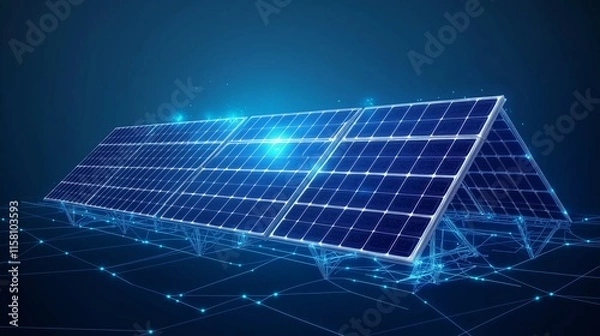 Fototapeta Solar panels with glowing energy lines and low poly wireframe design, isolated on a dark blue background with ample copy space for text.