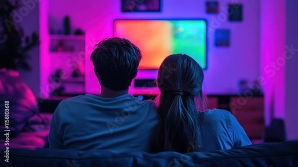 Fototapeta Couple Enjoying a Movie Night at Home in a Vibrant and Cozy Atmosphere