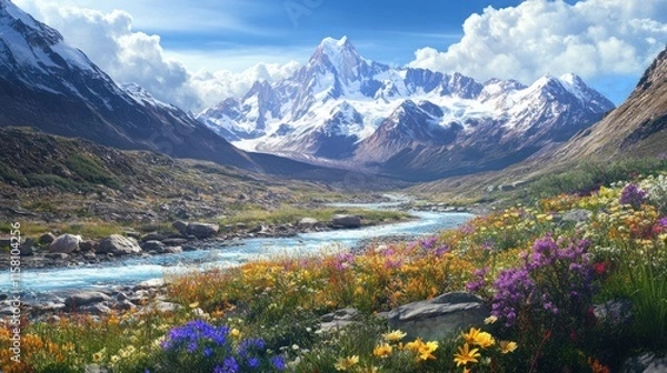 Fototapeta Majestic snow-capped mountains, vibrant wildflowers, and a meandering river in a serene valley.