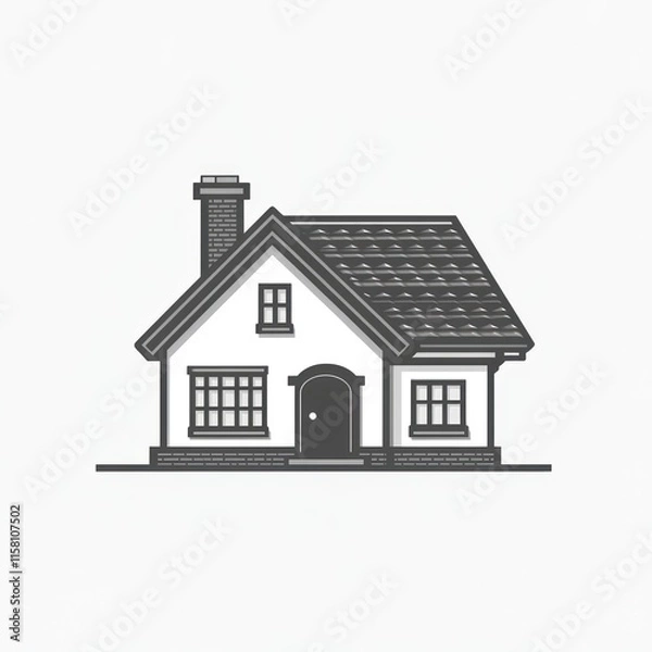 Fototapeta Simple grayscale illustration of a small house with a chimney and tiled roof.