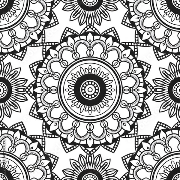 Fototapeta Black and White Mandala Pattern Seamless Repeat