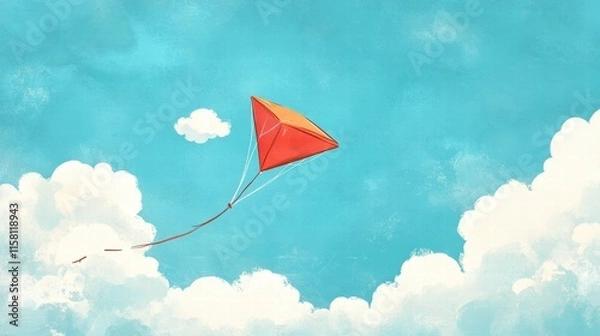 Fototapeta Colorful kite flying in a bright blue sky surrounded by fluffy clouds with space for additional text and creativity. Generative AI