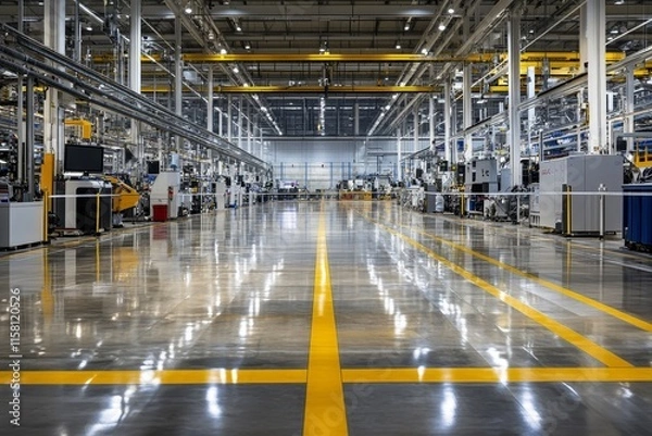 Fototapeta Modern factory interior with polished floor, machinery, and overhead cranes.