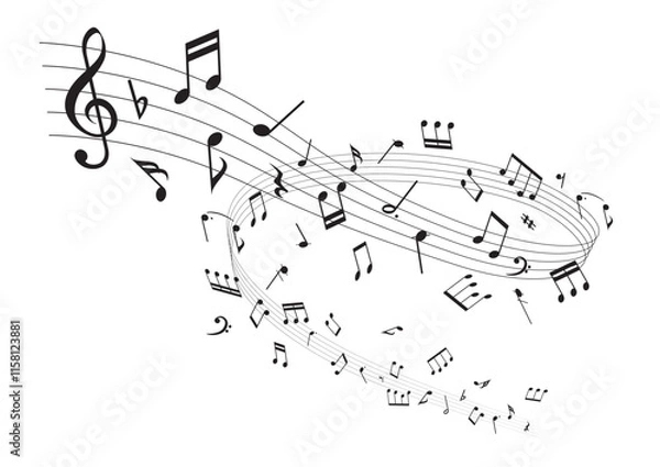 Obraz 螺旋状にひろがる楽譜：五線譜の周りを舞う音符のベクターイラスト
