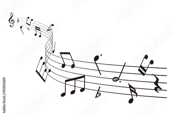 Obraz 波打つ奥行きのある楽譜：五線譜の周りを舞う音符のベクターイラスト