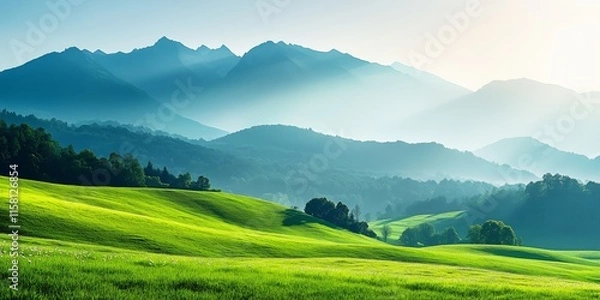 Fototapeta Rolling Hills with Misty Mountains and Green Fields