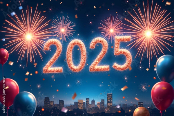 Obraz A vibrant image celebrating the arrival of the new year 2025, featuring sparkling fireworks illuminating a cityscape against a starry night sky. Colorful balloons and confetti add to the festive atmos
