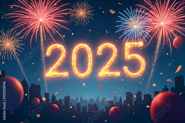 Obraz A vibrant image celebrating the arrival of 2025, featuring a sparkling 2025 against a backdrop of a city skyline, fireworks, and confetti.