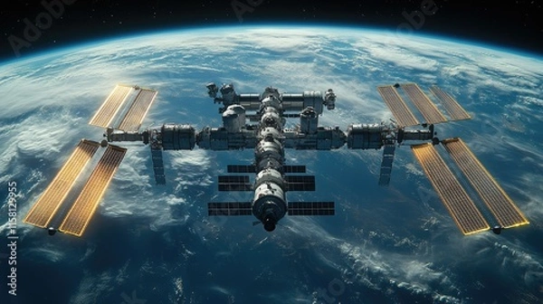 Obraz Space station orbiting Earth, showing solar panels and modules.