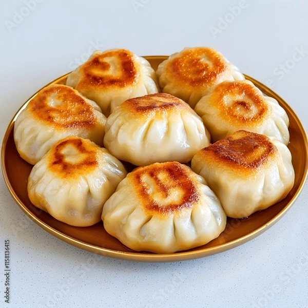 Fototapeta Golden Brown Pan-Fried Dumplings with Crispy Edges and Soft Texture, Beautifully Arranged on a Plate, Perfect for Showcasing Authentic Asian Cuisine and Culinary Delights