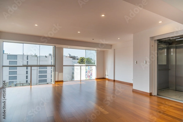 Obraz Vista de sala de departamento con amplia mampara con vista a la calle , con acabados modernosm, piso de madera y paredes blancas 
