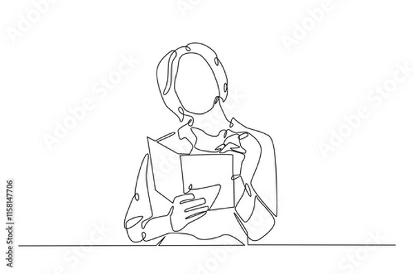 Fototapeta Businesswoman writing notes continuous one line drawing. Woman making notes in single line art illustration. Editable vector.