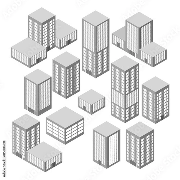 Fototapeta Isometric building. House icon. Set of  high-rise buildings, multistorey blocks of flats, office block.