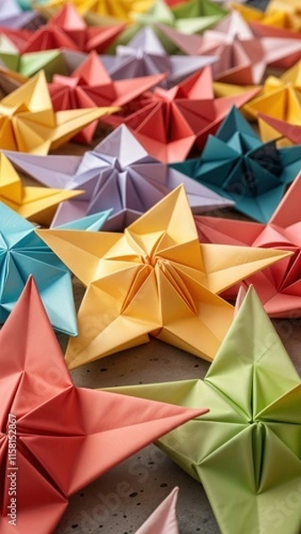 Obraz A beautiful array of meticulously crafted origami stars fills the workspace, showcasing various colors and styles. Participants enjoy the art of folding during a sunny afternoon.
