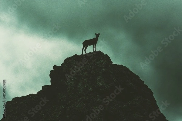 Fototapeta A dramatic view of an ibex standing on a mountain peak as storm clouds roll in, its silhouette dark against the ominous sky