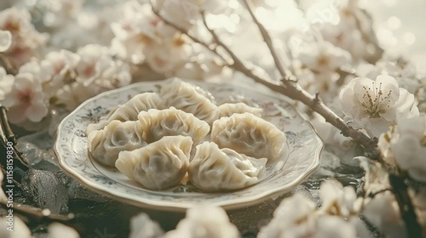 Fototapeta A plate of dumplings surrounded by cherry blossoms, evoking a serene dining experience.