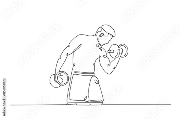 Fototapeta Man workout using barbell continuous one line drawing. Cardio and lifting exercises single line art illustration. Editable vector.