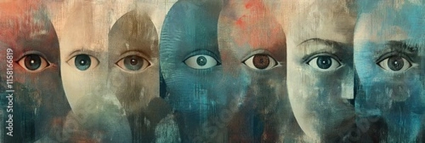 Fototapeta Faces with ghostly appearances express a range of emotions in an abstract art piece with muted colors and mysterious tones