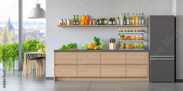 Fototapeta Modern kitchen with stocked fridge and fresh produce on counter