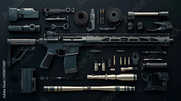 Fototapeta Rifle parts, wallpaper,  weapon technology for shooting with precision at long range.