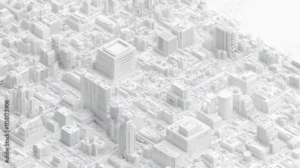 Fototapeta A detailed, monochromatic cityscape showcases a dense arrangement of buildings and urban structures in a minimalist design.