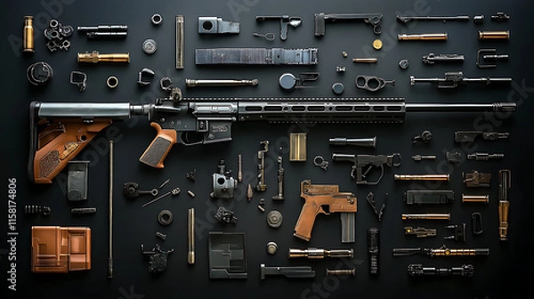 Fototapeta Rifle parts, wallpaper,  weapon technology for shooting with precision at long range.