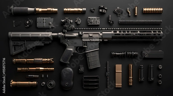 Fototapeta Rifle parts, wallpaper,  weapon technology for shooting with precision at long range.