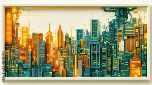 Obraz A vibrant, futuristic cityscape illustration showcasing tall skyscrapers in various colors, illuminated by warm, glowing lights.